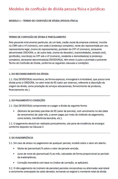 Modelos de confissão de dívida pessoa física e jurídicas